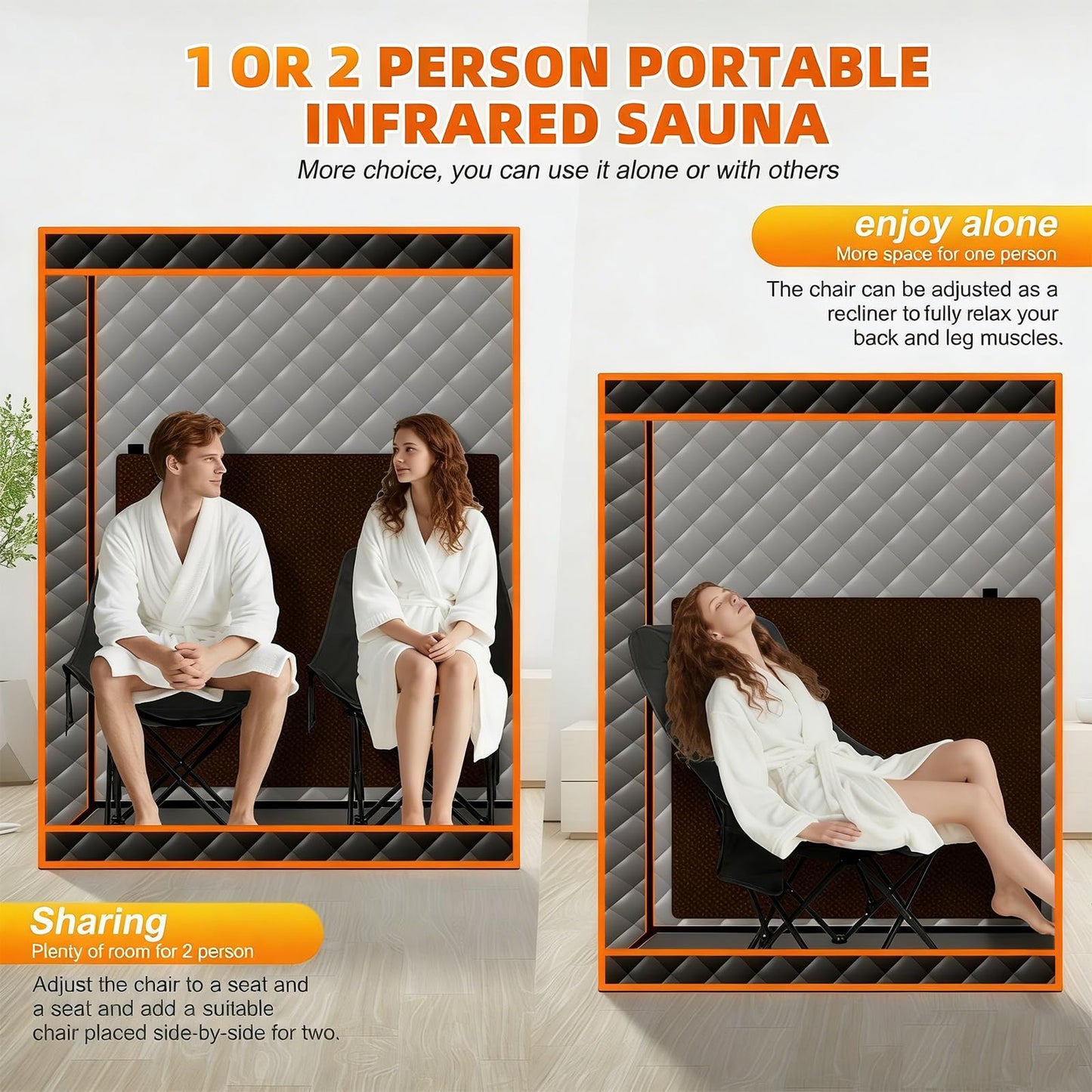 Smartmak Portable Infrared Sauna, 1-2 Person Oversize Infrared Sauna Box, Personal Indoor Home Dry Sauna Tent, with Adjustable Folding Chair, Remote Control, LED Light