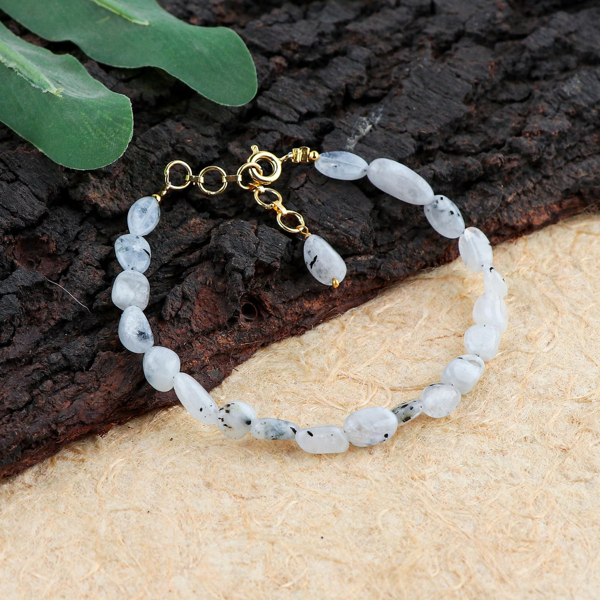 Gemimpression Handmade Bracelet – Natural Rainbow Moonstone With Black Tumble Beads – Emotional Healing & Protection – 14K Gold Plated Adjustable Chain – Dainty 8 Inch – Perfect Gift for Her