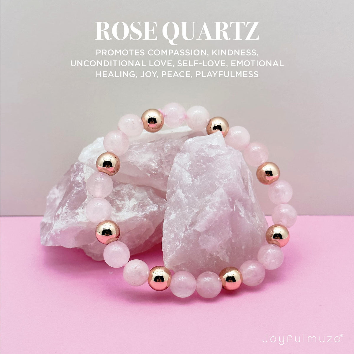 Joyfulmuze Rose Quartz 8mm Pink Gemstone, 14K Rose Gold Plated Brass, Love Stretch Bracelet, Birthday Jewelry Gift for Women, 7"(Rose-Gold-Rose-Quartz)