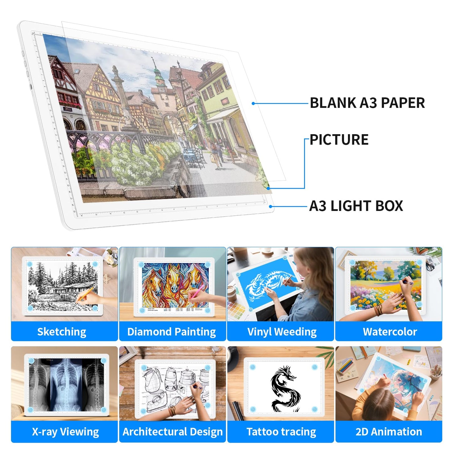 Heanolier Rechargeable A3 Light Box Drawing Pad,5600 Lux Bright Magnetic Tracing Board,Dimmable Light Pad,3 color modes,light board for Diamond painting,light table for Drawing Sketching,Tattoo(White)