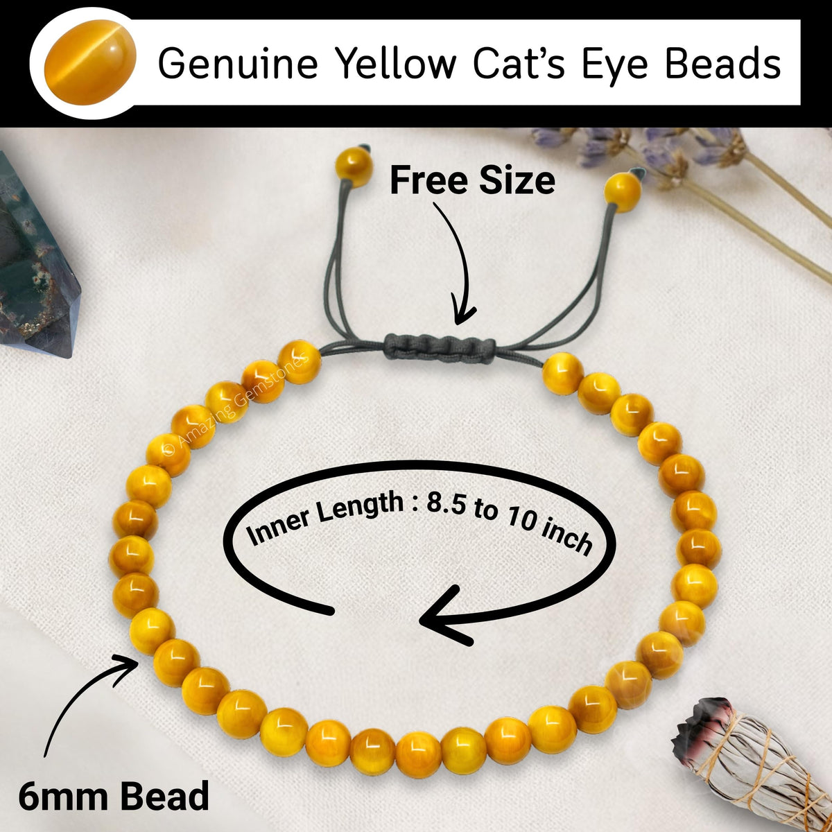 Amazing Gemstone Yellow Cat's Eye Anklet Ankle Bracelets for Women - Waterproof Beaded Healing Crystal Anklets, Plus Size Chakra Gemstone Bead Anklet (Stretchy Adjustable - Plain)