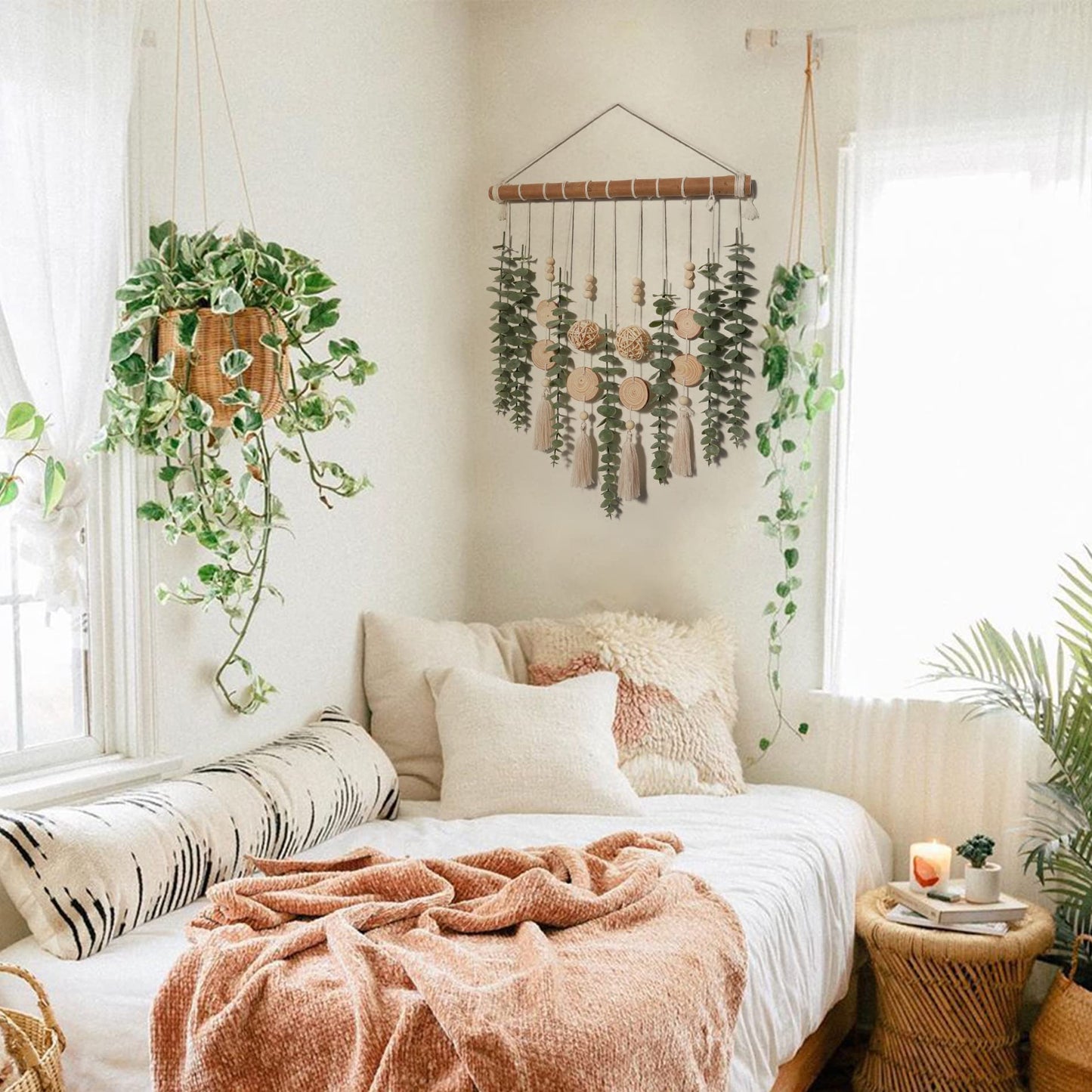 Artificial Eucalyptus Wall Decor, Rustic Farmhouse Boho Forest Greenery Wall Hanging with Wooden Head, Sage Green Bathroom Accessories，home decor for Bathroom Bedroom Dining Room Office Nursery