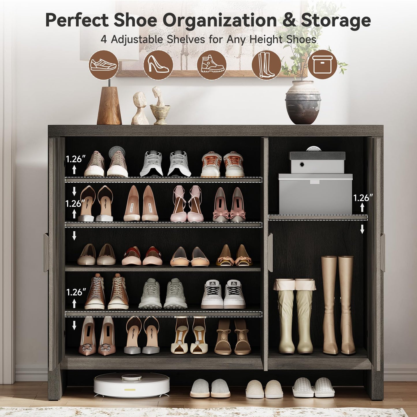 ONBRILL Shoe Cabinet with 3 Doors, 30 Pairs Shoe Storage Cabinet with Adjustable Shelves & Ventilation Hole Design, 47'' Wide Shoe Rack Shoe Organizer Cabinet for Entryway Living Room (Black Smoky)