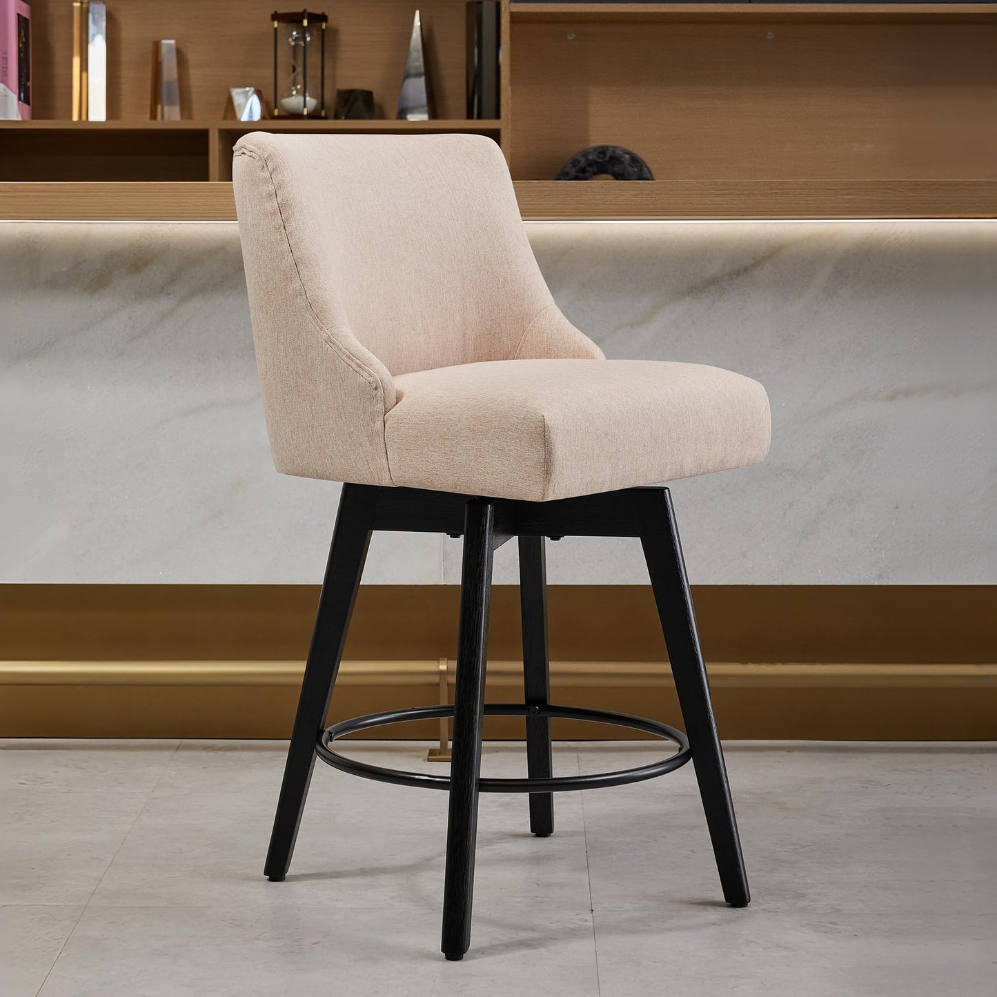 Vipbear Counter Height Bar Stools Set of 2, Modern Linen Fabric Swivel Barstools with Contoured Backs and Solid Wood Legs, 26" Seat Height Upholestered Bar Chairs for Kitchen Island, Flax Beige