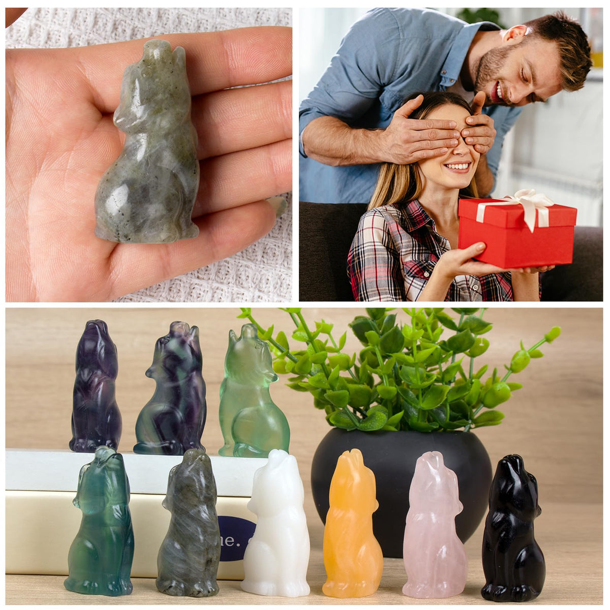QLRSUXN Labradorite Howling Wolf Crystal Figurines, 2.2 Inch Wolf Totem Spirit Animal Statue Decor for Home Office Desk Altar, Hand Carved Natural Healing Crystal Sculpture Gifts for Women Men