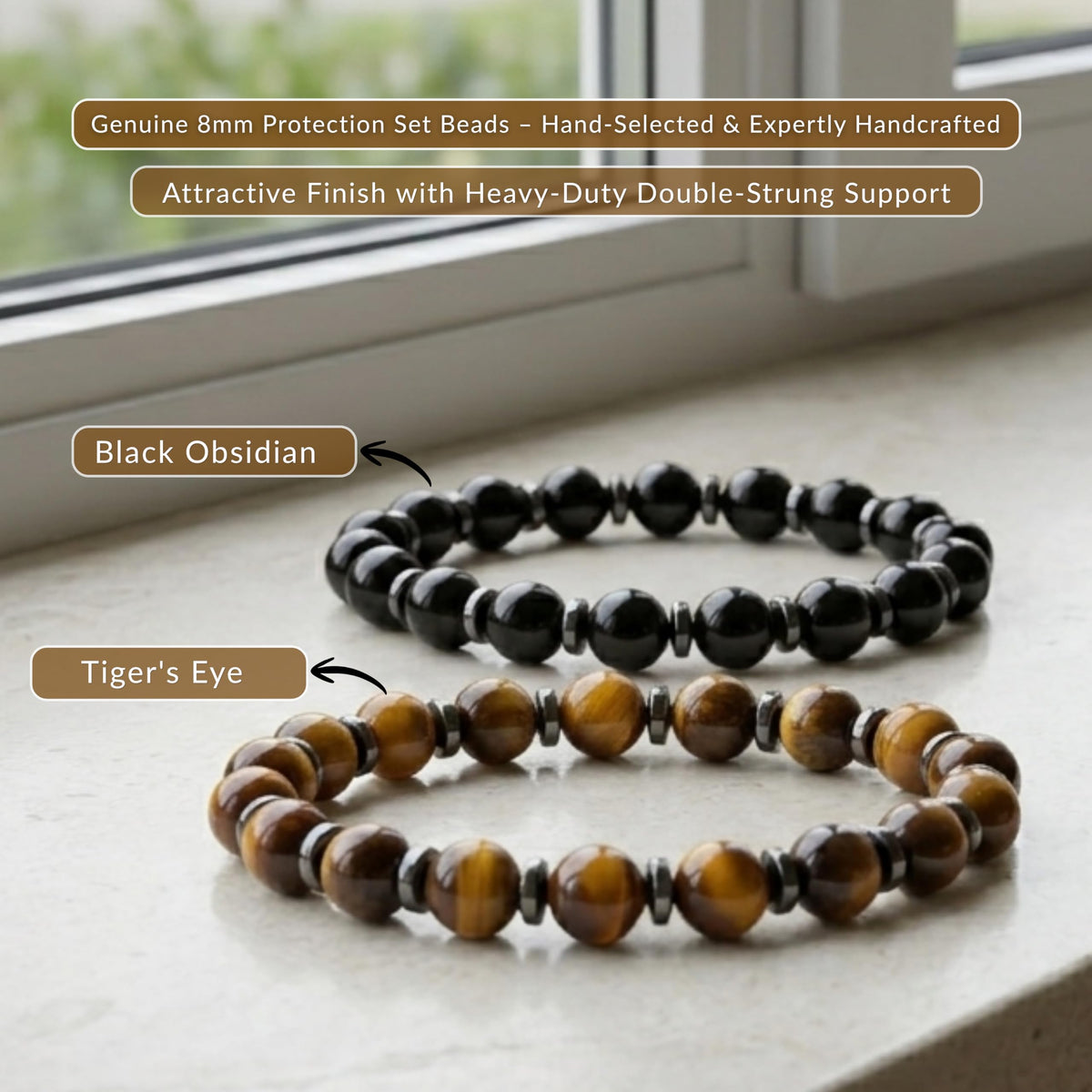 Cherry Tree Collection Protection Set (Black Obsidian & Tiger’s Eye) – Genuine 8mm Gemstone Stretch Bracelet for Men & Women – Handmade Crystal Bracelet - (Protection Set - M)