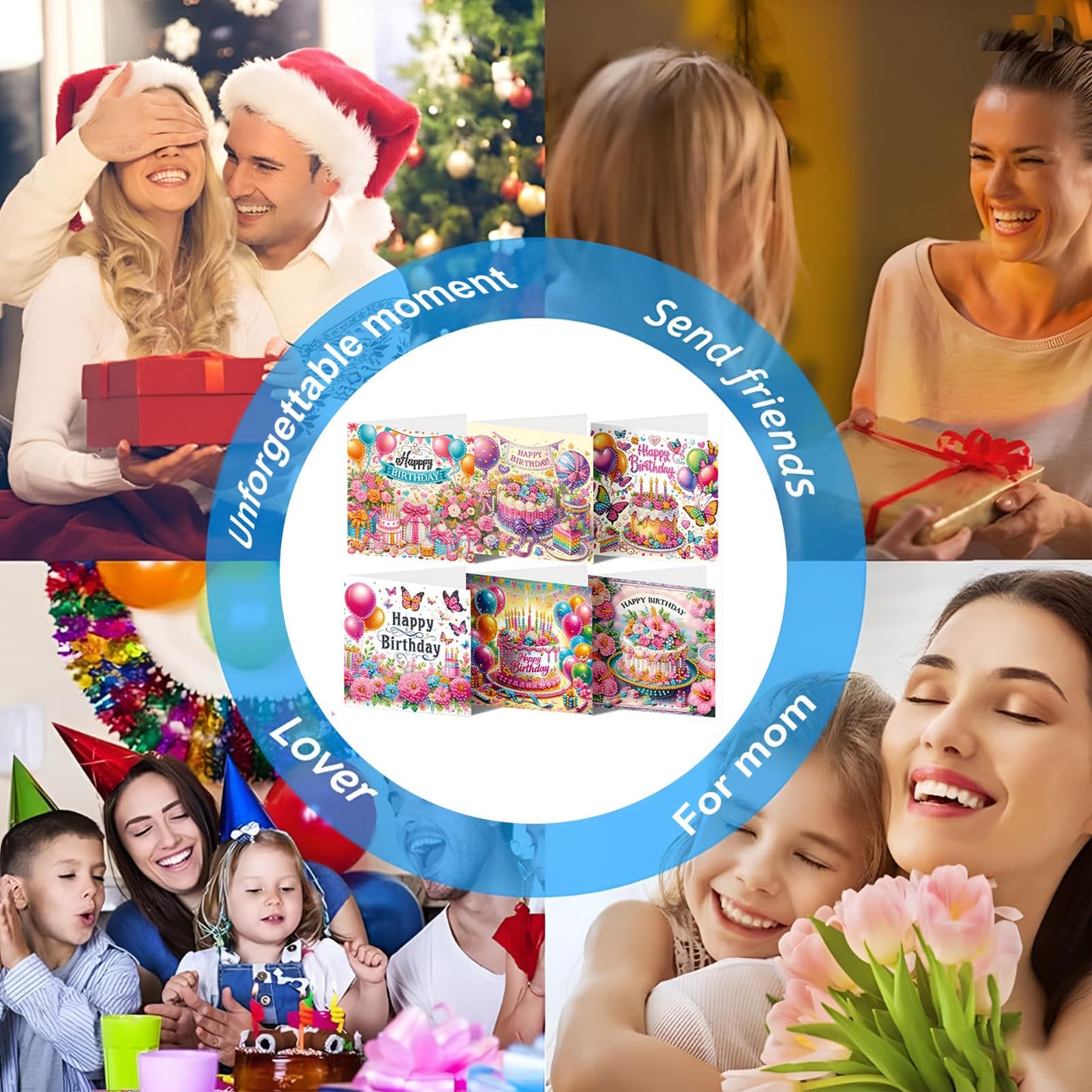 ACSAUMMY DIY Happy Birthday Diamond Art Painting Cards, 6 Pack Cake Gem Art Greeting Cards with Envelopes, 5D Diamond Dots Kits Birthday Cards Making Kits for Adults Family Friends Birthday Gifts