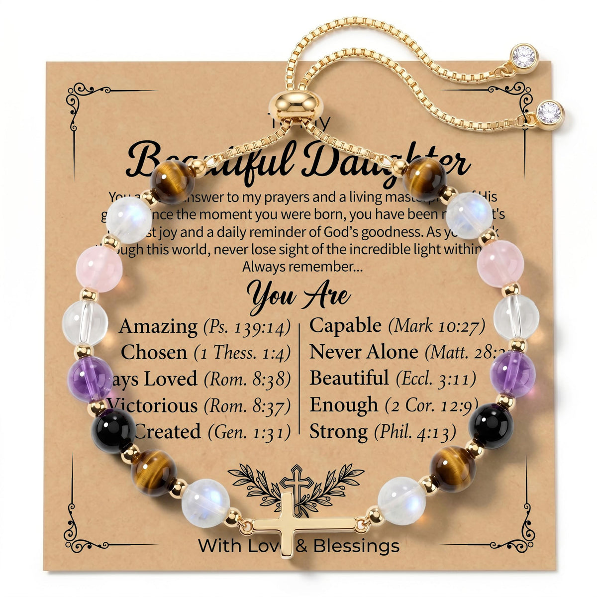 Aghfacy Daughter Gifts from Mom Cross Bracelet Natural Gemstone Crystal Bracelet Gold Cross Charm Christian Gifts for Daughter Birthday Adult Adjustable with Message Card