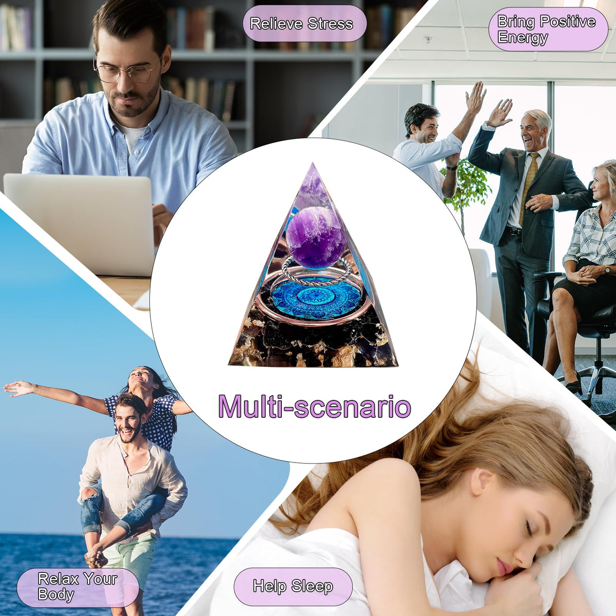 Saefheled Orgone Pyramid Energy Generator,Natural Amethyst&Obsidian Orgonite Crystal Healing Pyramids for Reduce Stress Chakra Reiki Healing Meditation Attracts Lucky and Success, Wealth Health(6cm)
