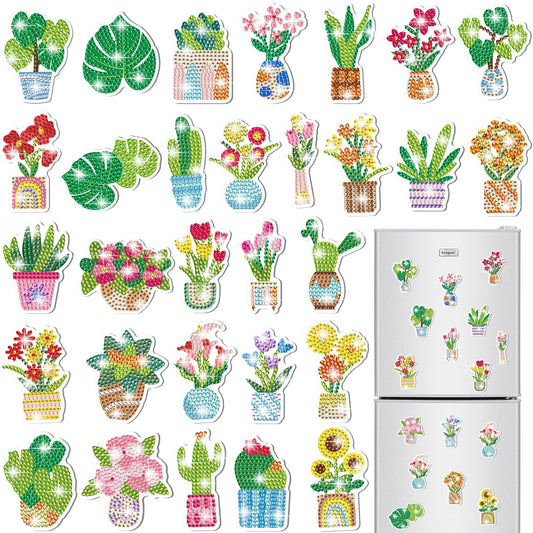 30 Pcs Flower Diamond Art Magnets, DIY Painting Kits for Refrigerator Decor, Creative Plant Pot Crafts for Adults Home Office