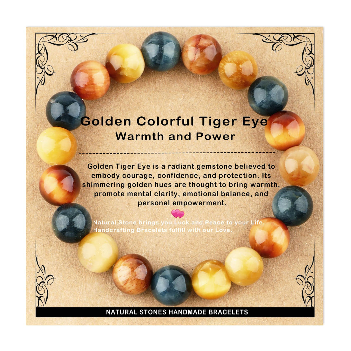 AD Beads 10mm Handmade Golden Colorful Tiger Eye Elastic Bracelet – Natural Gemstone for Warmth and power – Meditation, Yoga, Healing and Energy Gift for Men Women