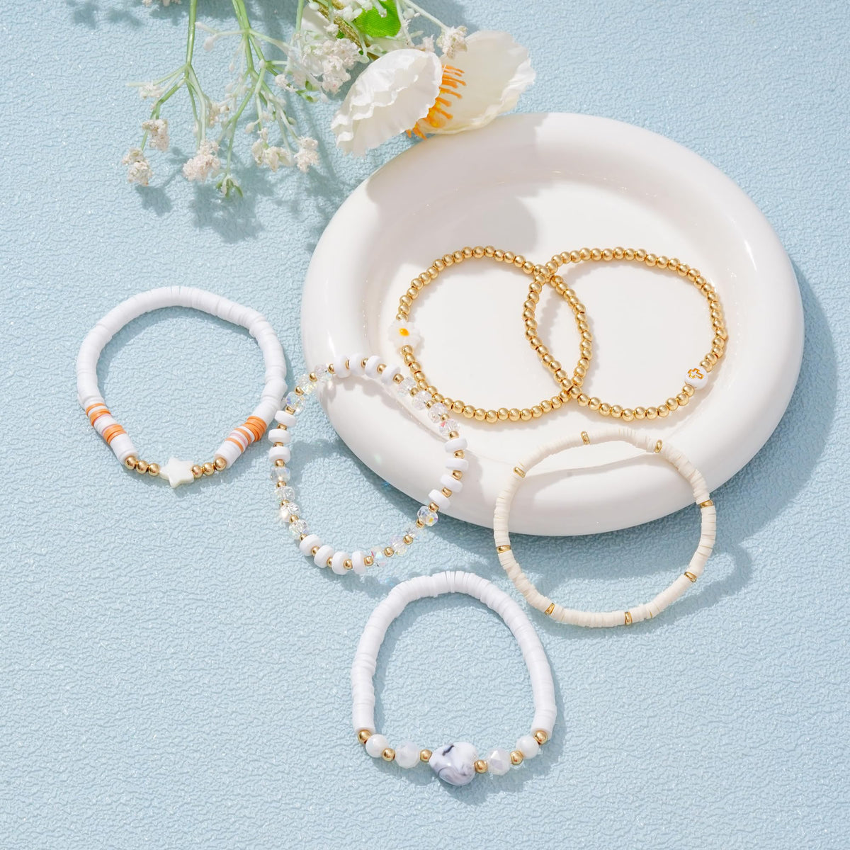 RISHEGAE Heishi Beaded Stretch Bracelets for Women Stackable Gold Polymer Clay Beads Bracelet Friendship Boho Summer Beach Bracelets Jewelry Set (D-Star Cross)
