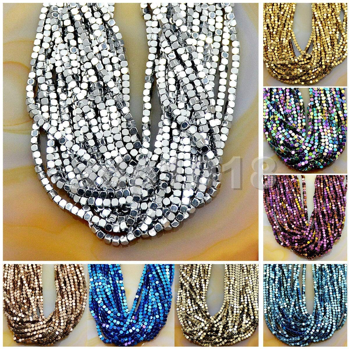 AD Beads Natural Hematite Gemstone Faceted Square Cube Loose Beads 16" (6x6mm, Metallic Silver)