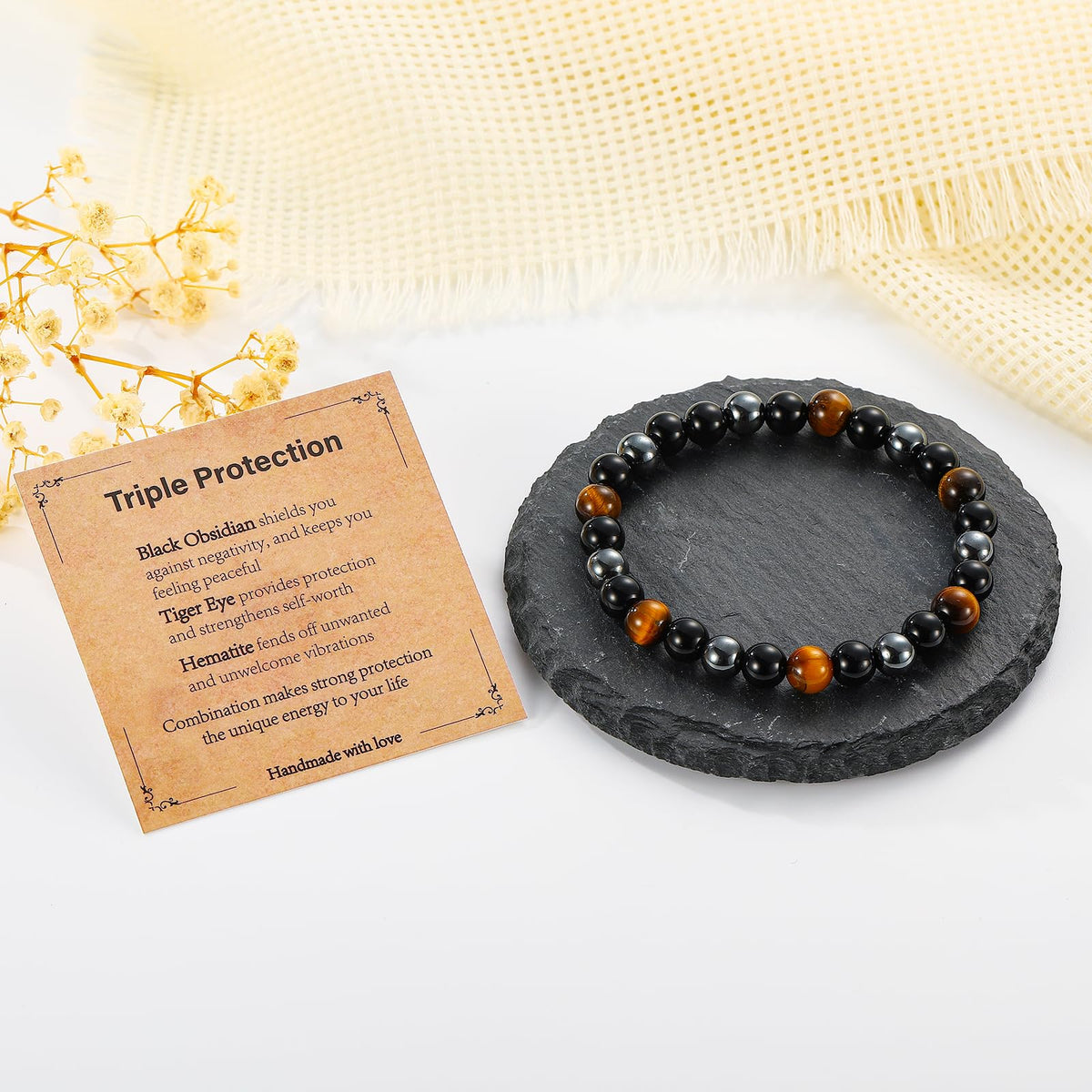 Gnamy Triple Protection Beaded Bracelet Gifts for Men, Tiger Eye Black Obsidian Hematite Bracelets Birthday Valentines Day Anniversary Healing Sobriety Jewelry Gifts for Him Husband Dad Boyfriend Brother