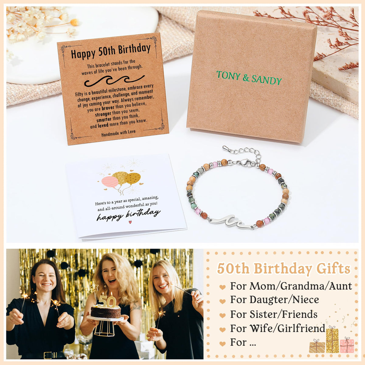 TONY & SANDY 50th Birthday Gift for Her, Wave Bracelet for Women Jewelry, 50th Birthday Decorations for Woman, Unique 50 Year Old Bday Gifts for Woman, Best Friend, Daughter, Wife, Sister