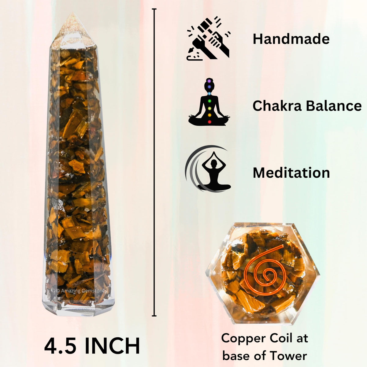 Amazing Gemstone Tiger Eye Orgonite Orgone Crystal Towers - Large 4.5" Orgonite Crystal Wand Obelisk Tower Point for Meditation, Crystals and Healing Stones Gift and Protection