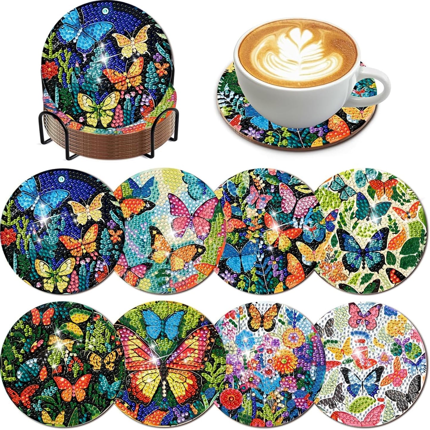 EWJRNSF 8 PCS Diamond Art Coasters Kit, Small Diamond Painting Coasters, Butterfly Diamond Art Kits for Adults Beginners, Arts and Crafts Supplies Item Sets with Holder