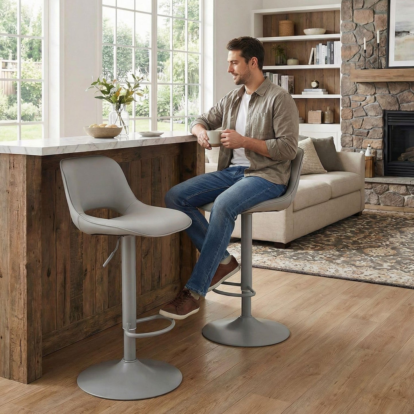 YOUNIKE Bar Stools Set of 2 All Grey Swivel Barstools, Compact Adjustable Counter Height Bar Stools Faux Leather Upholstered Counter Stools with Hollow Back for Kitchen Island