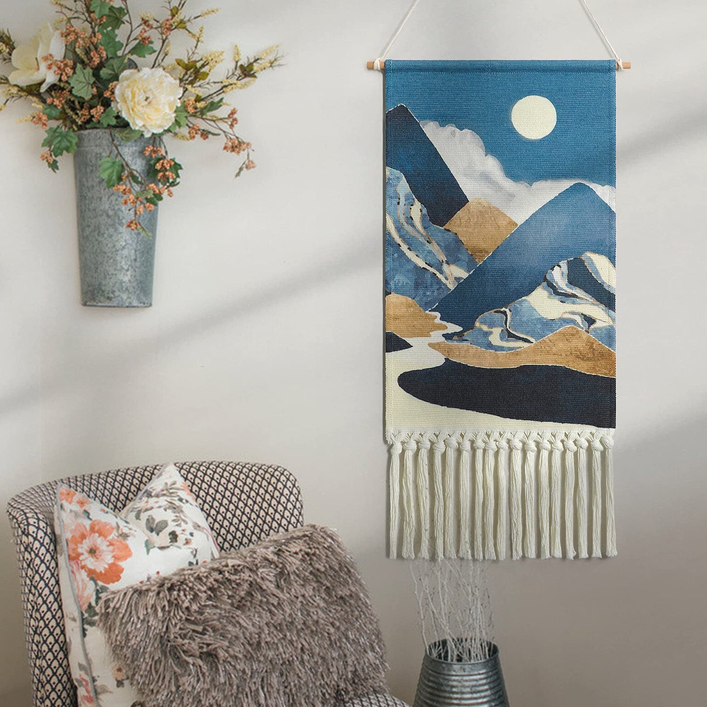 Alynsehom Macrame Woven Wall Hanging Tapestry Boho Wall Art Moon Mountain Chic Home Decor Bohemian Aztec Apartment Dorm Room Backdrop Decoration (Blue)