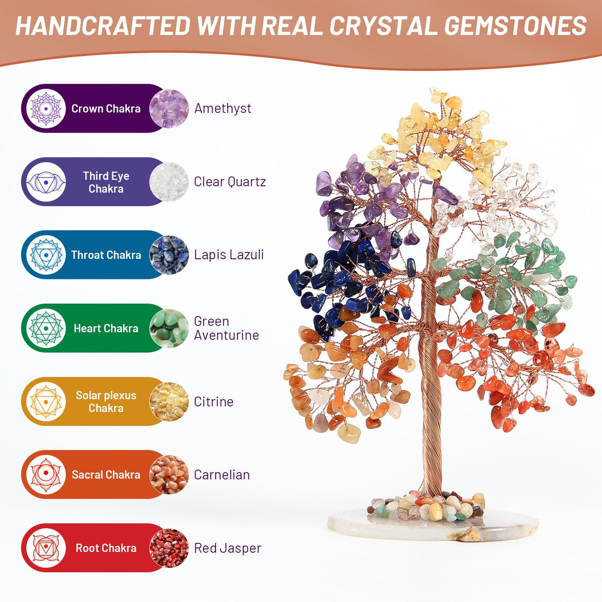 7 Chakra Healing Crystal Tree with Agate Slice Base- 8 Inch High Large Crystal Tree of Life for Home and Office Decor, Yoga, Meditation, Good Luck, Witchcraft, Positive Energy Handmade Birthday Gift