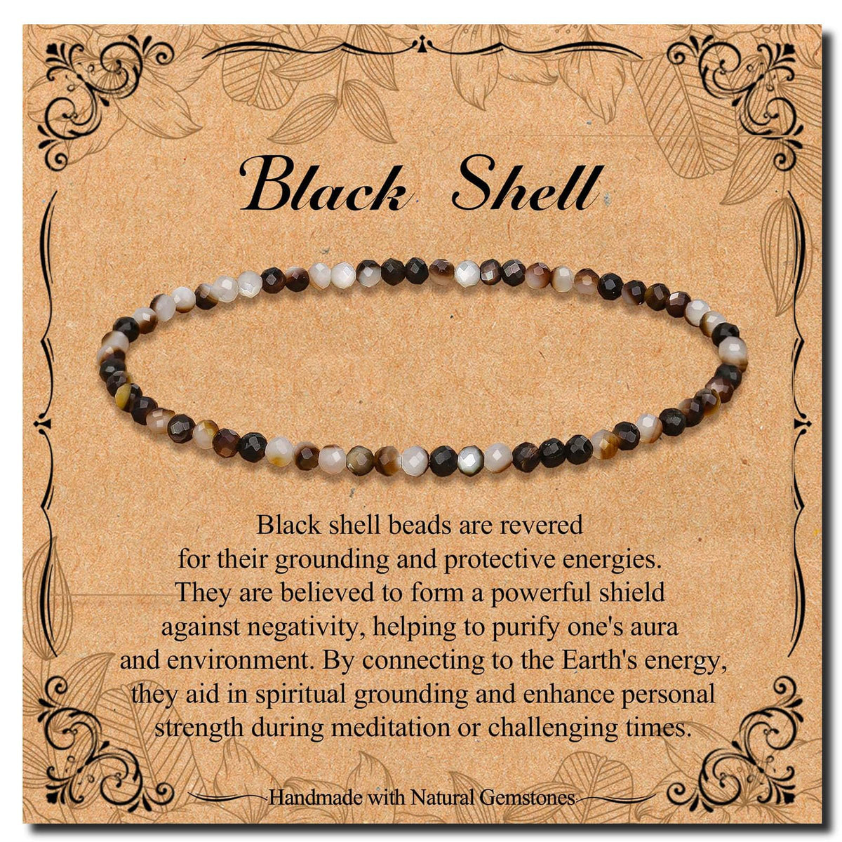 BONNY BOXX Natural Genuine Gemstone Faceted Round Beads Bracelet, 3mm Adjustable Stretchy Tiny Faceted Black Shell, Healing Crystal Reiki Chakra Dainty Jewelry Fashion Gifts