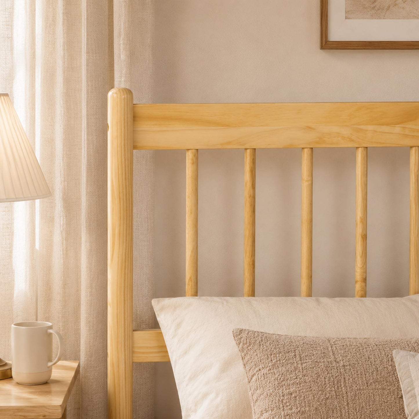 KEIKI Queen Size Bedframe with Headboard and Footboard, Pinewood Bed with Strengthened Bed Frame for Living Room, Bed Room, Natural