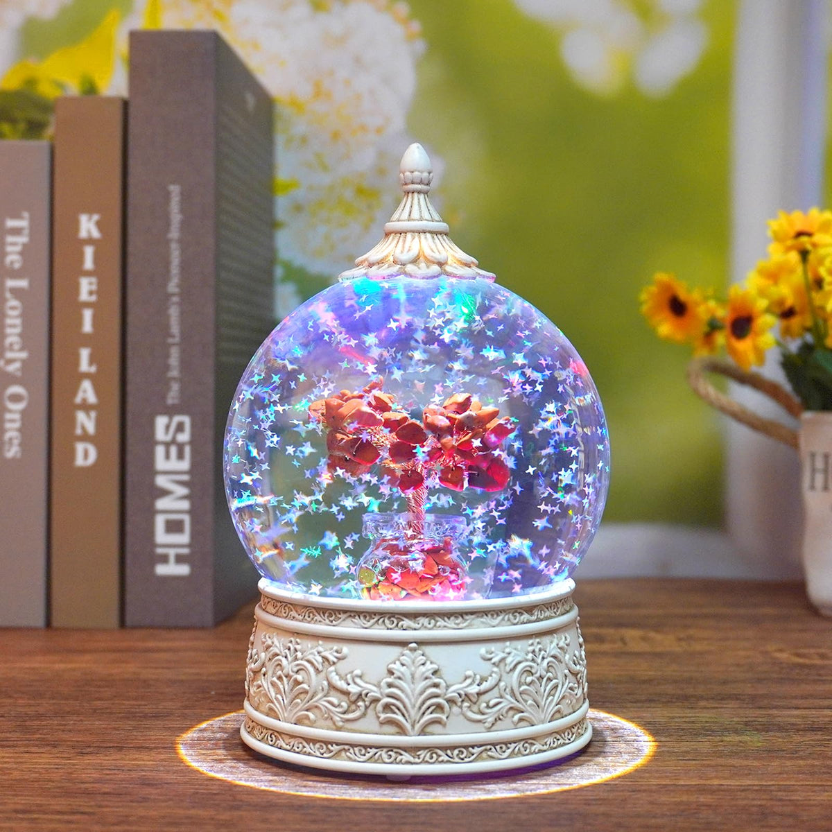 Red Jasper Healing Crystal Tree Globe with Colorful Lights Sparkling Glitter, Natural Gemstone Base, Spiritual Meditation, Positive Energy Good Luck, Home Decor, Birthday Gifts (Red Jasper)