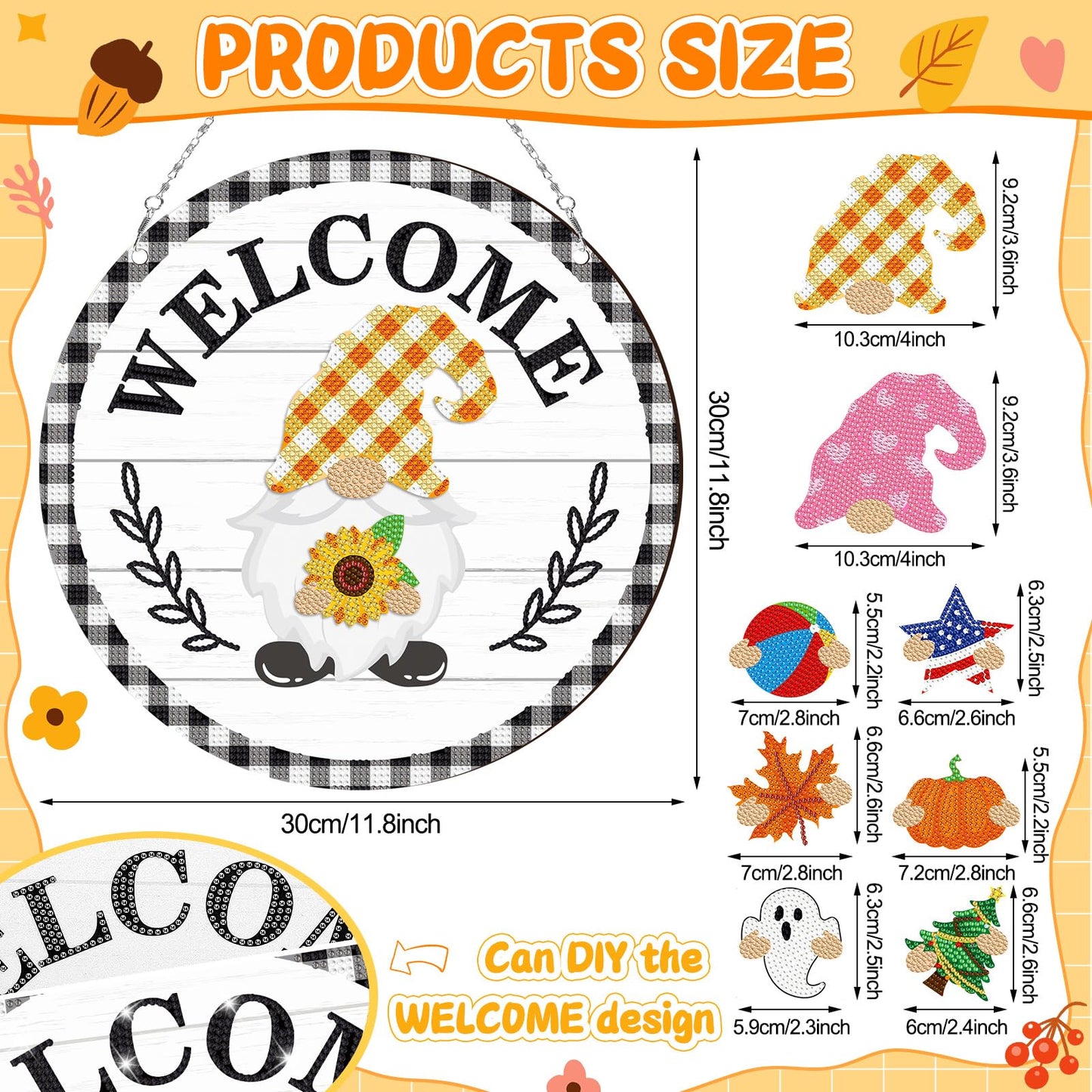 DoubleFill 33 Pcs Magnetic Diamond Art Set Interchangeable DIY Gnome Diamond Painting Decor Detachable Welcome Sign Seasonal Door Hanger Gnome Party Decorations Gift for Home Wall Front Door(Stylish)