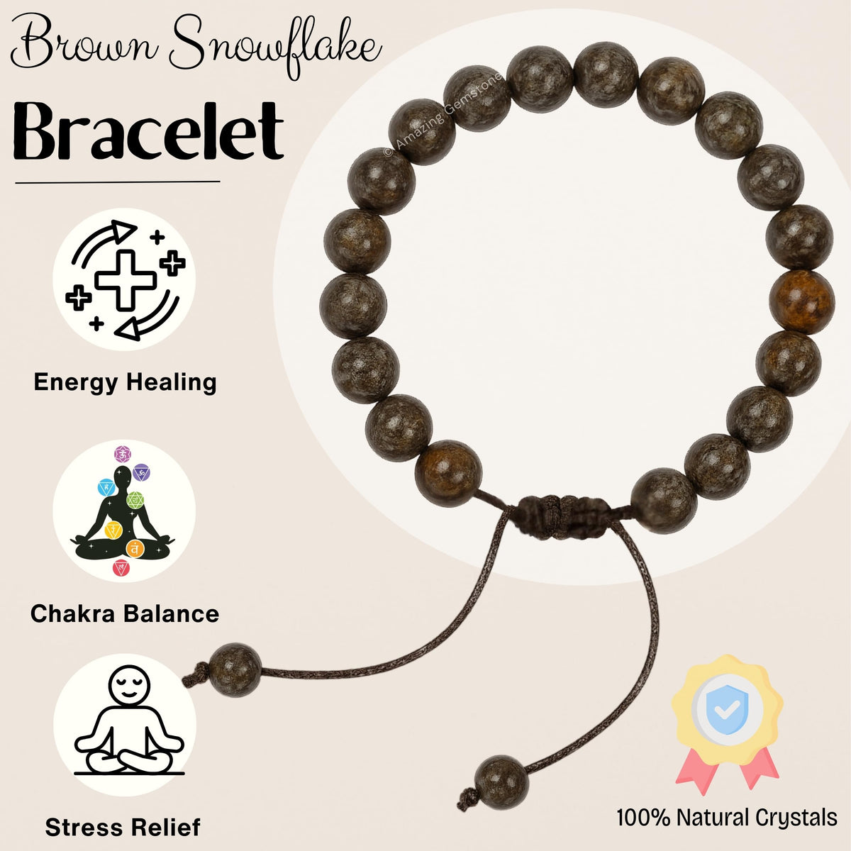 Amazing Gemstone Brown Snowflake Obsidian Bracelet for Women Men's Gifts - Protection Healing Crystal Bracelet - 8mm Gemstone Beaded Adjustable Bracelet Pulseras Para Hombres Mujer Stocking Stuffers