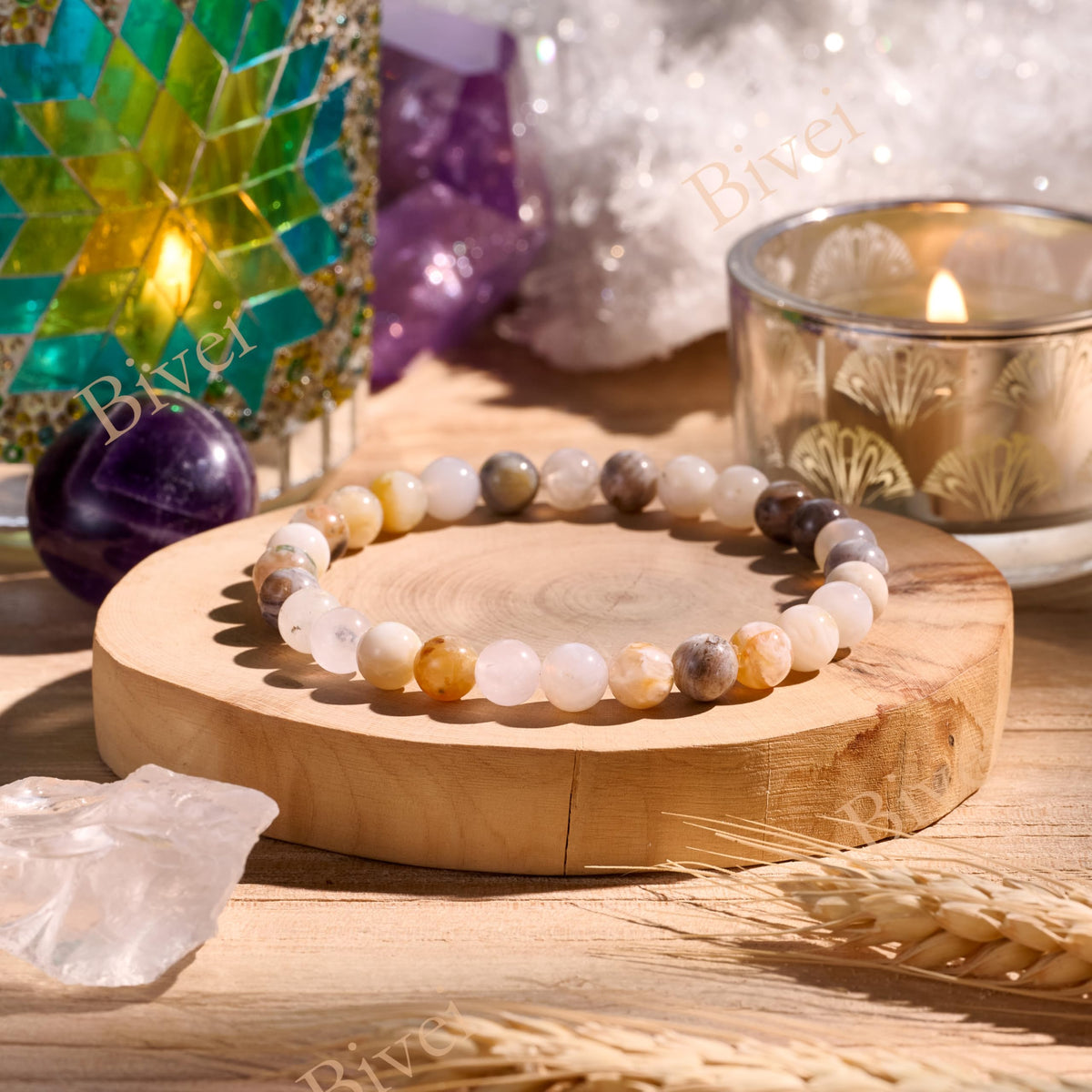 Bivei Bamboo Leaf Agate-Steady Growth-6mm Beaded Bracelets for Women Handmade Semi Precious Natural Stone Stretch Elastic Jewelry for Women Yoga Protection Gifts