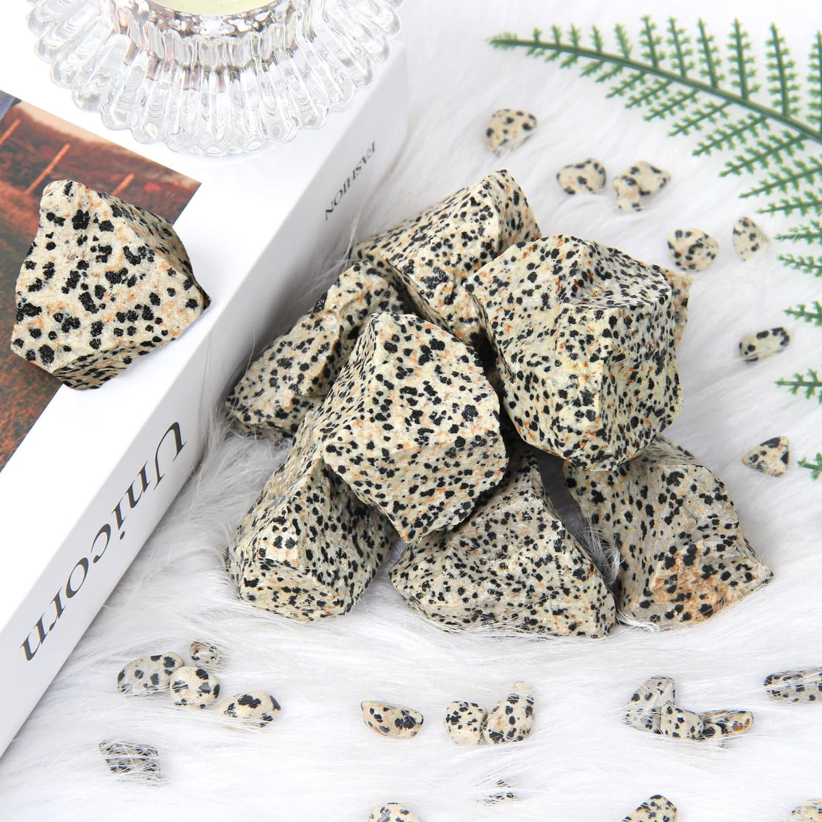1.1lb Bulk Raw Dalmatian Jasper Rough Crystal-Natural Dalmatian Jasper Raw Stones Crystal for Tumbling, Cabbing, Fountain Rocks, Decoration, Polishing, Wire Wrapping, Wicca & Reiki Crystal Healing