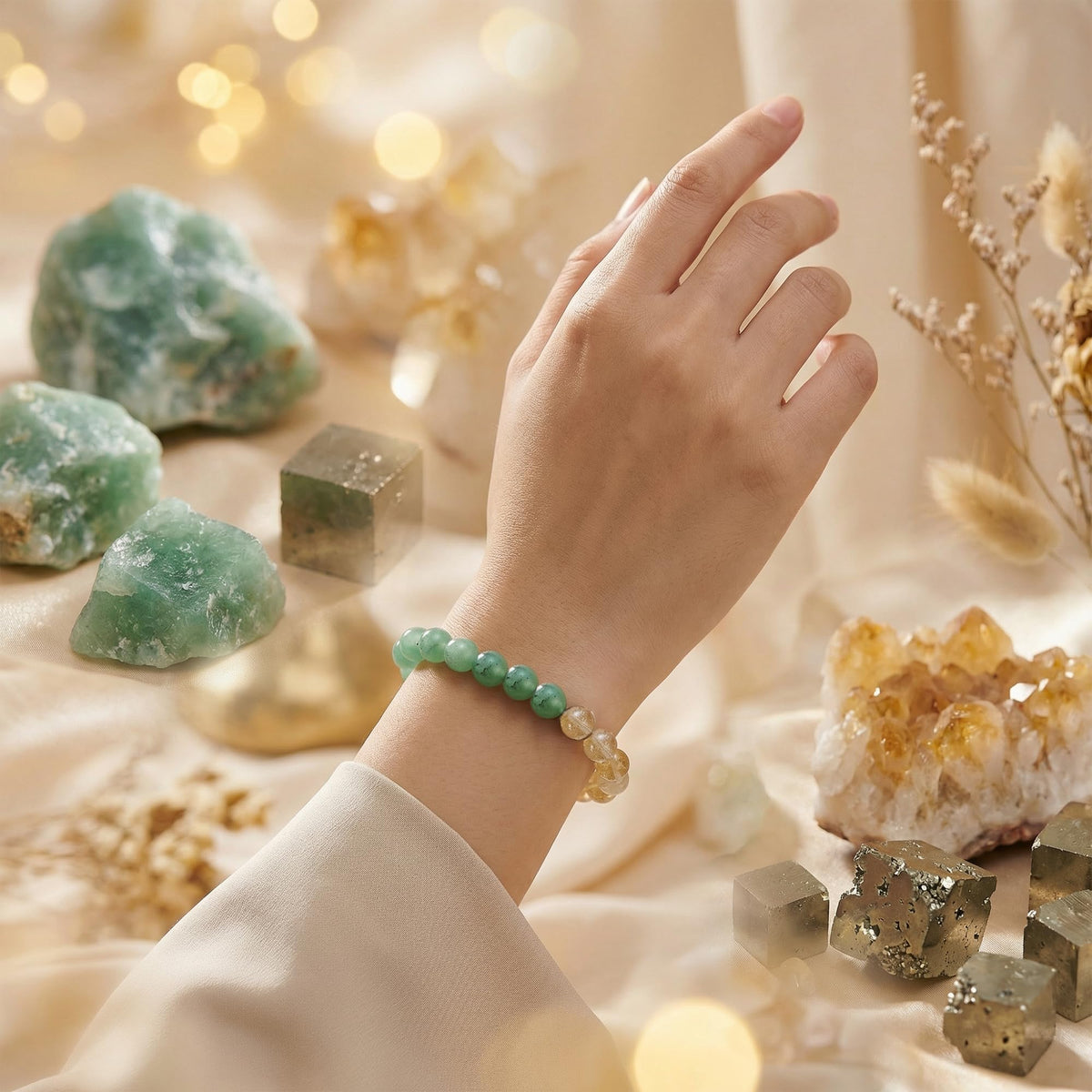 Bivei Money Success Bracelet, Strength Crystal Healing Bracelet 8MM with Green Adventurine & Citrine & Pyrite - Spiritual Stretch Beaded Jewelry for Women Men Gift