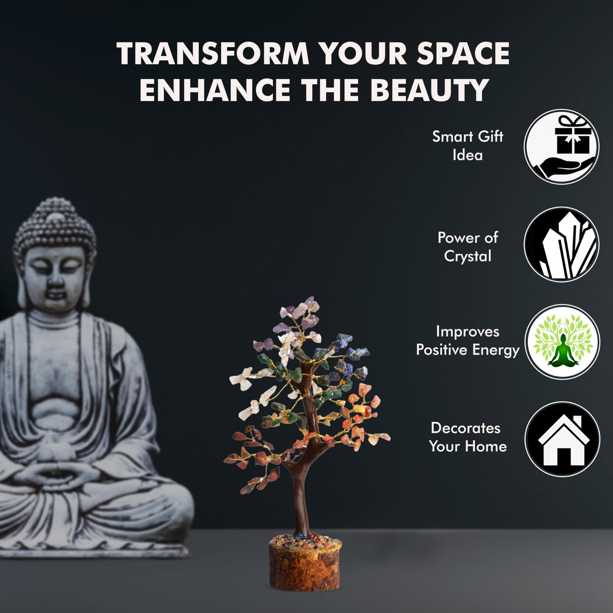 Wonder Care WC 7 Chakra Tree for Positive Energy Home Decorations and Healing Crystal Tree with M-Seal & Golden Wire | Money Tree | Crystal Decor | Multi Crystal | Feng Shui Decor (150 Beads)