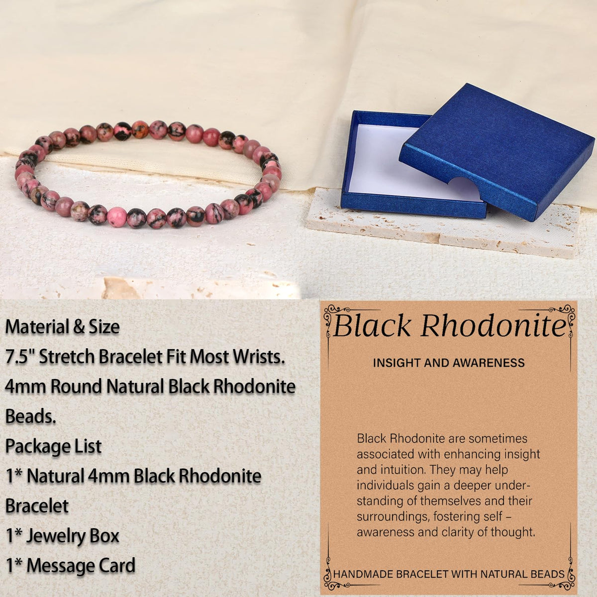 LPBeads Handmade Natural Gemstone Stretch Elastic 4mm Pink Black Rhodonite Bracelet Healing Crystal Round Stone Beads Jewelry Gifts for Women Men