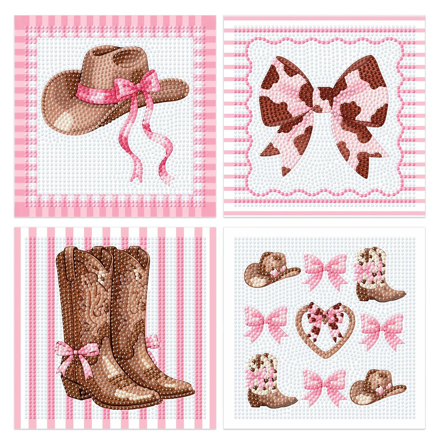 SHADOAMP Western Cowgirl Diamond Art Kit Set of 4 - DIY Rhinestone Canvas Craft Featuring Pink Bows, Hats & Boots Designs, Creative Diamond Art Kits for Home Decor and Family Craft Projects