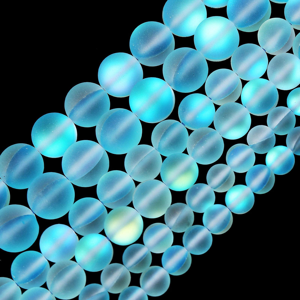 Matte Aquamarine Aurora Crystal Glass Beads, 6MM Frosted Glitter Shining Mermaid Round Loose Beads, Rainbow Holographic Synthetic Moonstone for Jewelry Making DIY Bracelet