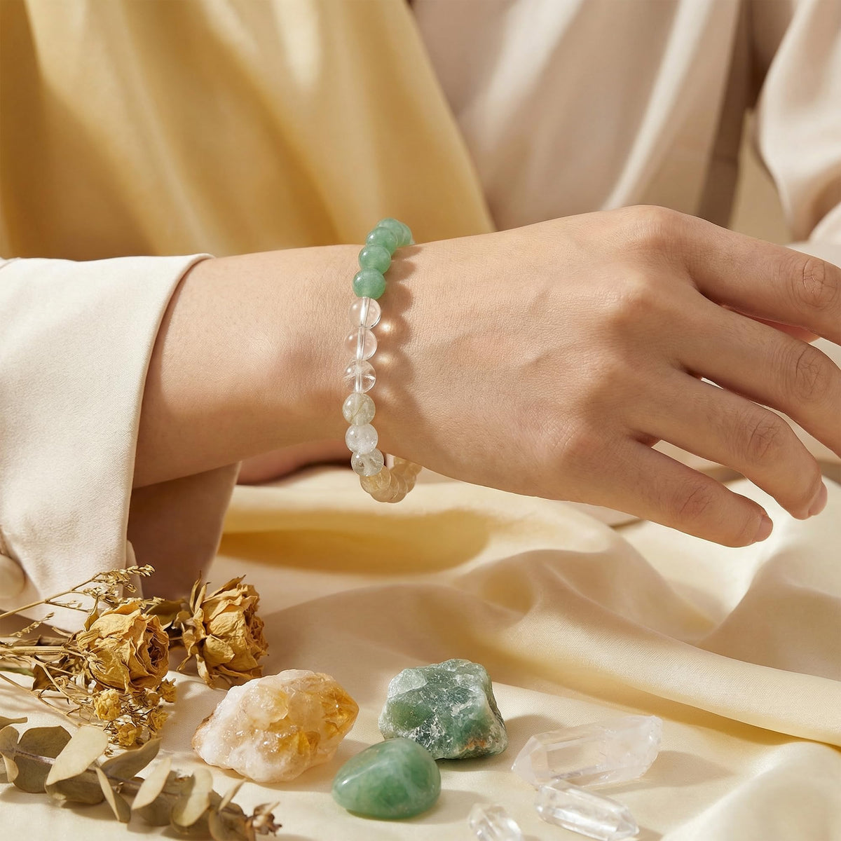 Bivei Good Luck Bracelet, Strength Crystal Healing Bracelet 8MM with Citrine & Green Aventurine & Clear Quartz - Spiritual Stretch Beaded Jewelry for Women Men Gift