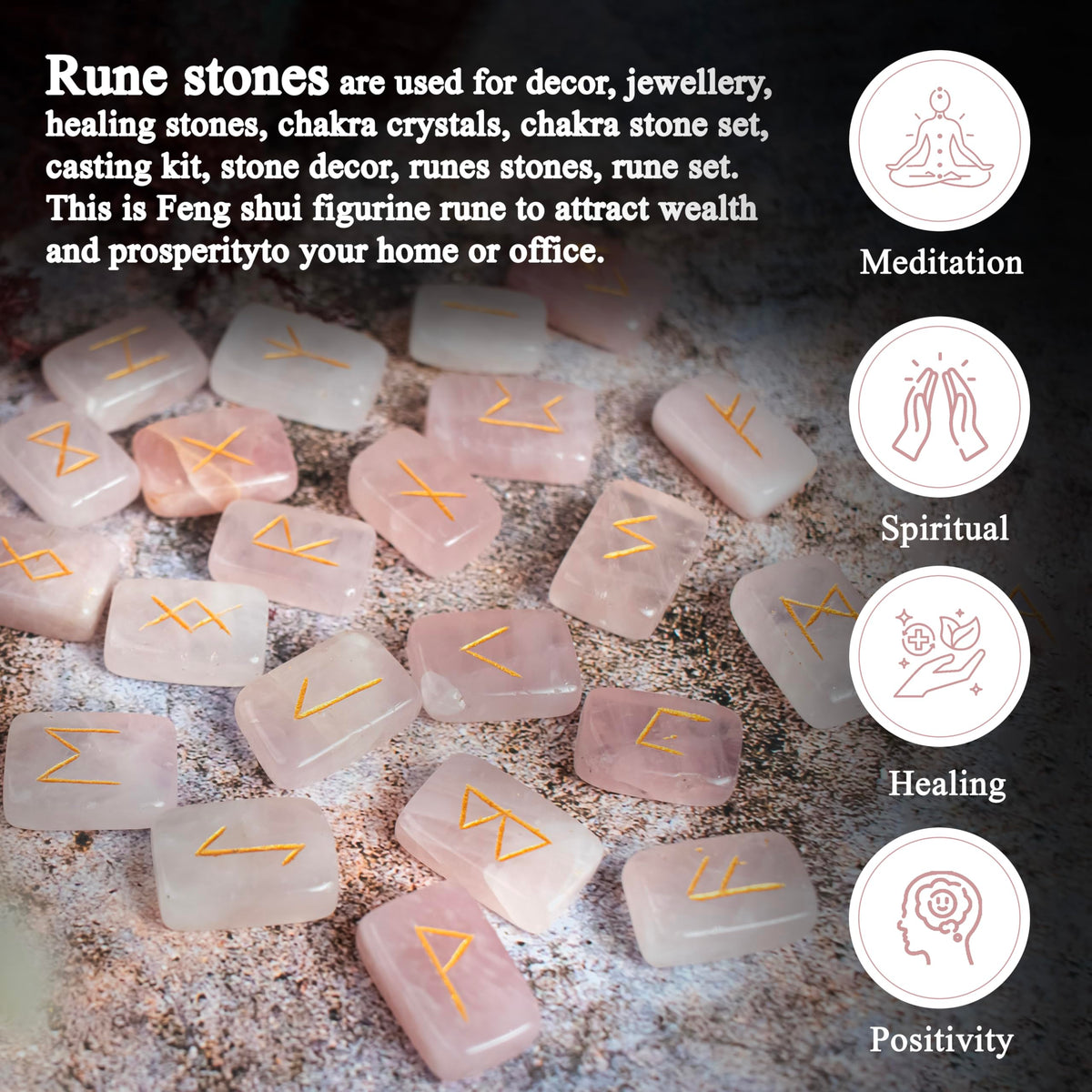 Crocon Rose Quartz Rectangle Shape Gemstone Runes with Elder Futhark Alphabet Engraved |25 pcs Rune Set | Crystal Divination Metaphysical Healing Chakra Reiki Runes Set |with a Pouch| Size : 20-25mm