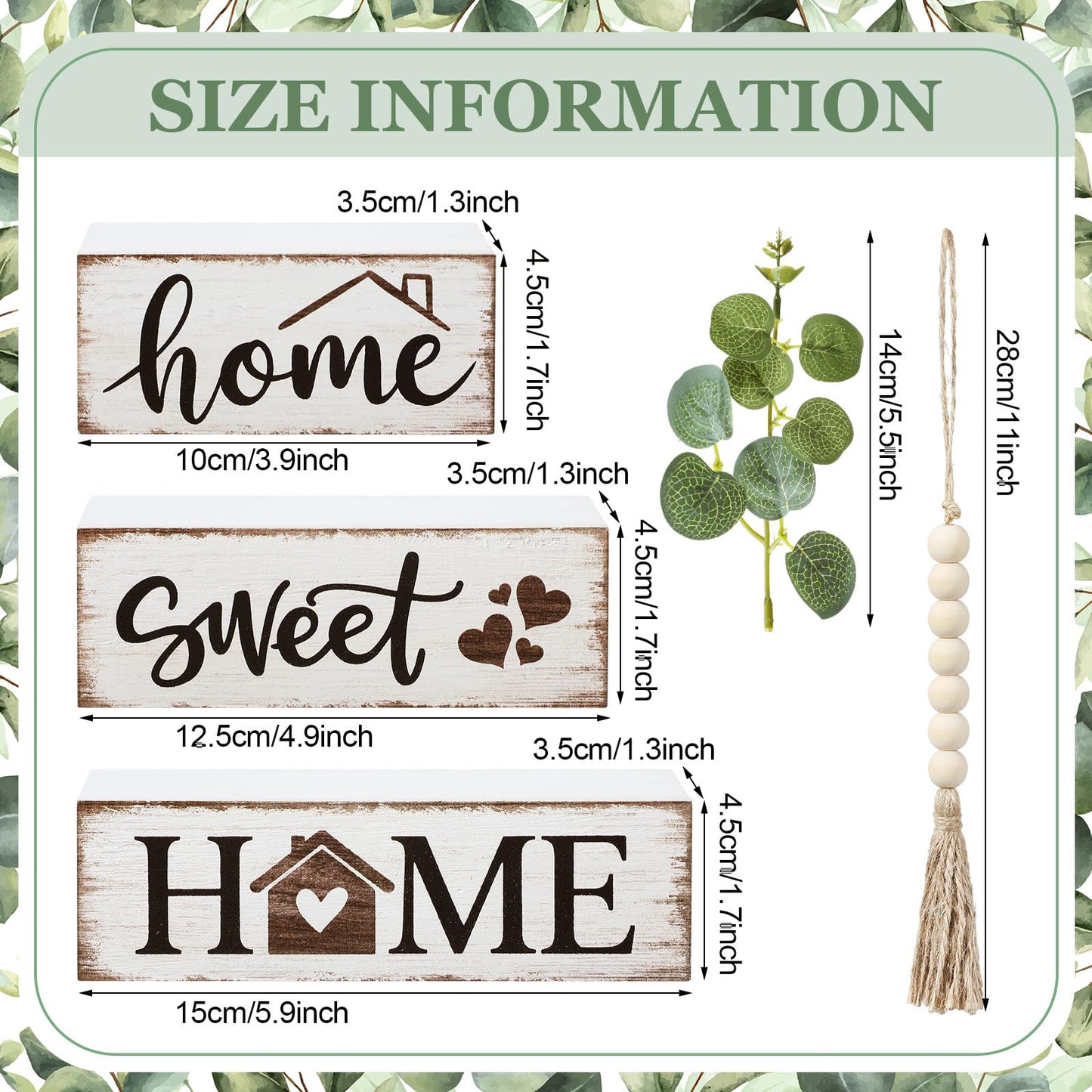 Yousoontic 5 Pcs Farmhouse Wooden Table Decor Rustic Tiered Tray Decor Neutral Block Sign Centerpiece with Bead Garland Faux Eucalyptus Leaves for Home Sweet Kitchen Entryway Living Room Shelves