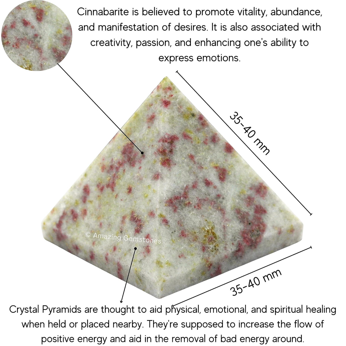 Amazing Gemstone Cinnabarite Pyramid Crystal Healing Stones - 1.5" Great Pyramid Figurine of Natural Stone Pyramid for Meditation, Reiki, Chakra Balancing and Crystal Pyramids Grid
