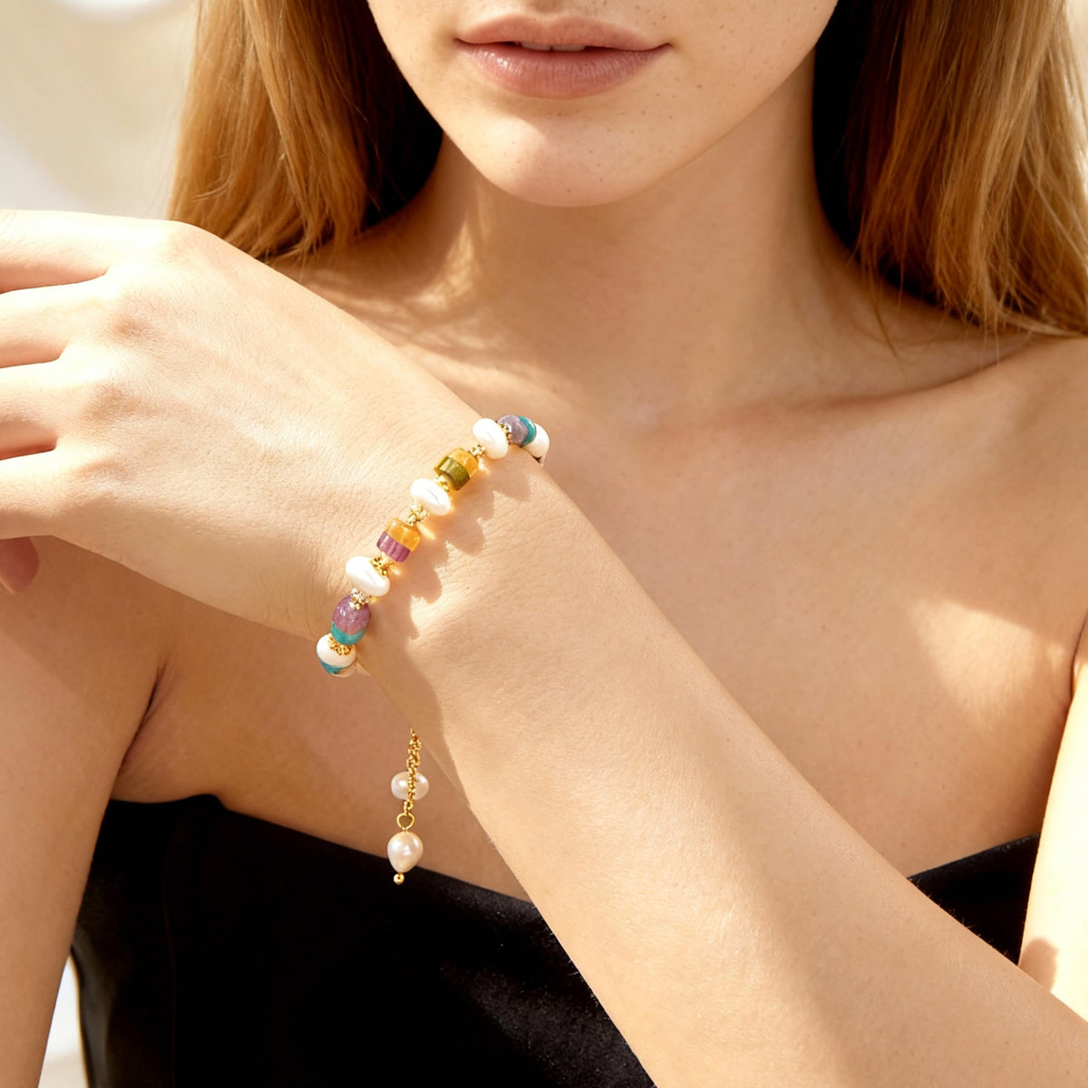 BELLA-Bee Healing Crystal Bracelets for Women Adjustable Rainbow Crystals Amethyst Tourmaline Natural Stone Beaded Bracelets for Women Spiritual Jewelry for Wishes, Protection and Anxiety Relief with Meaning Card (The Aura's Guard)