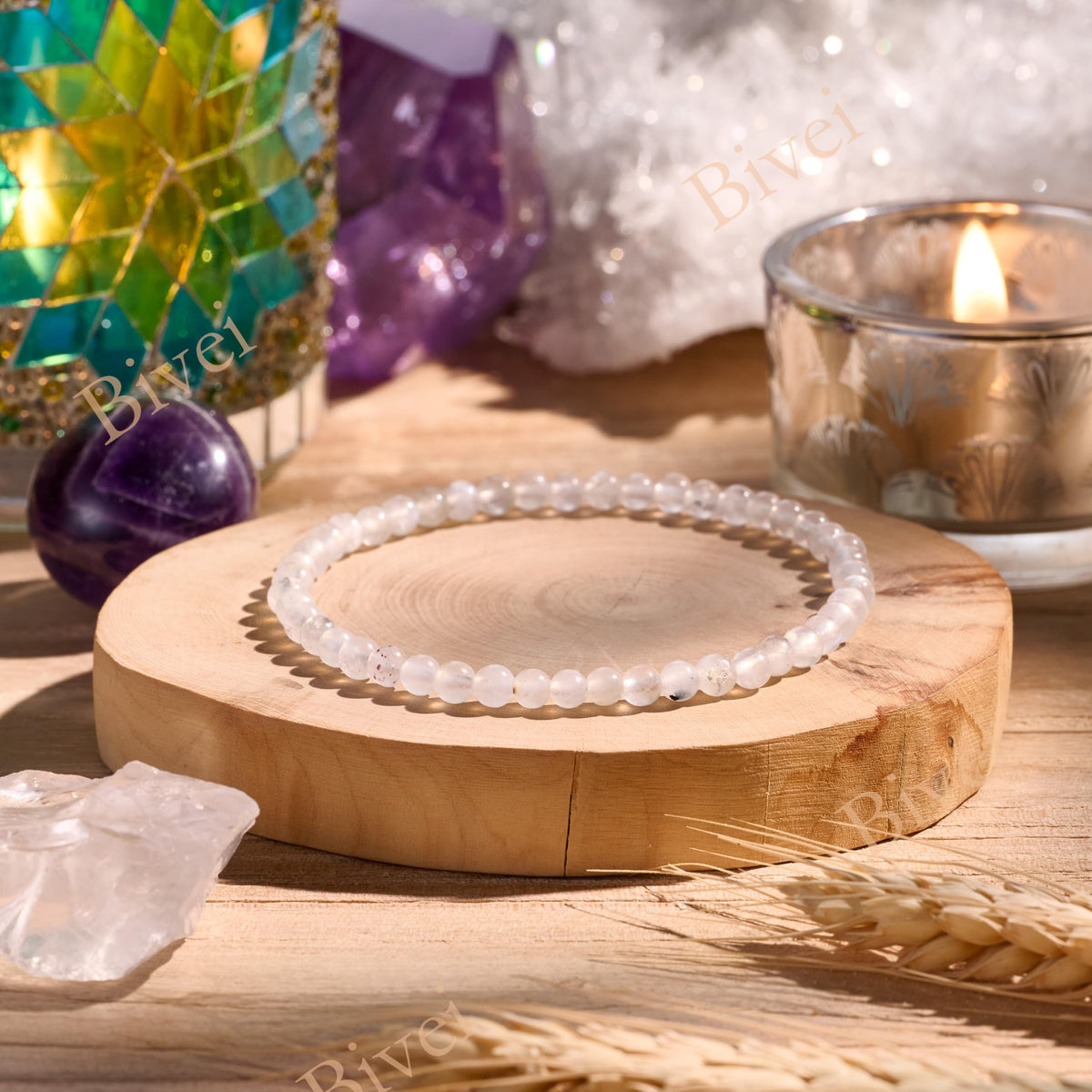 Bivei Moonstone - Receptive - 4mm Beaded Bracelets for Women Handmade Semi Precious Natural Stone Stretch Elastic Jewelry Yoga Protection Gifts