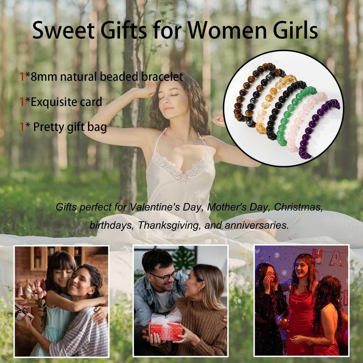 Gnamy Black Tourmaline Bracelet for Women, Healing Crystal Bracelet for Spiritual Healing Positive Energy Protection, Natural Stretch Beaded Bracelets Birthday Valentines Jewelry Gifts for Daughter Her Friends Girlfriend