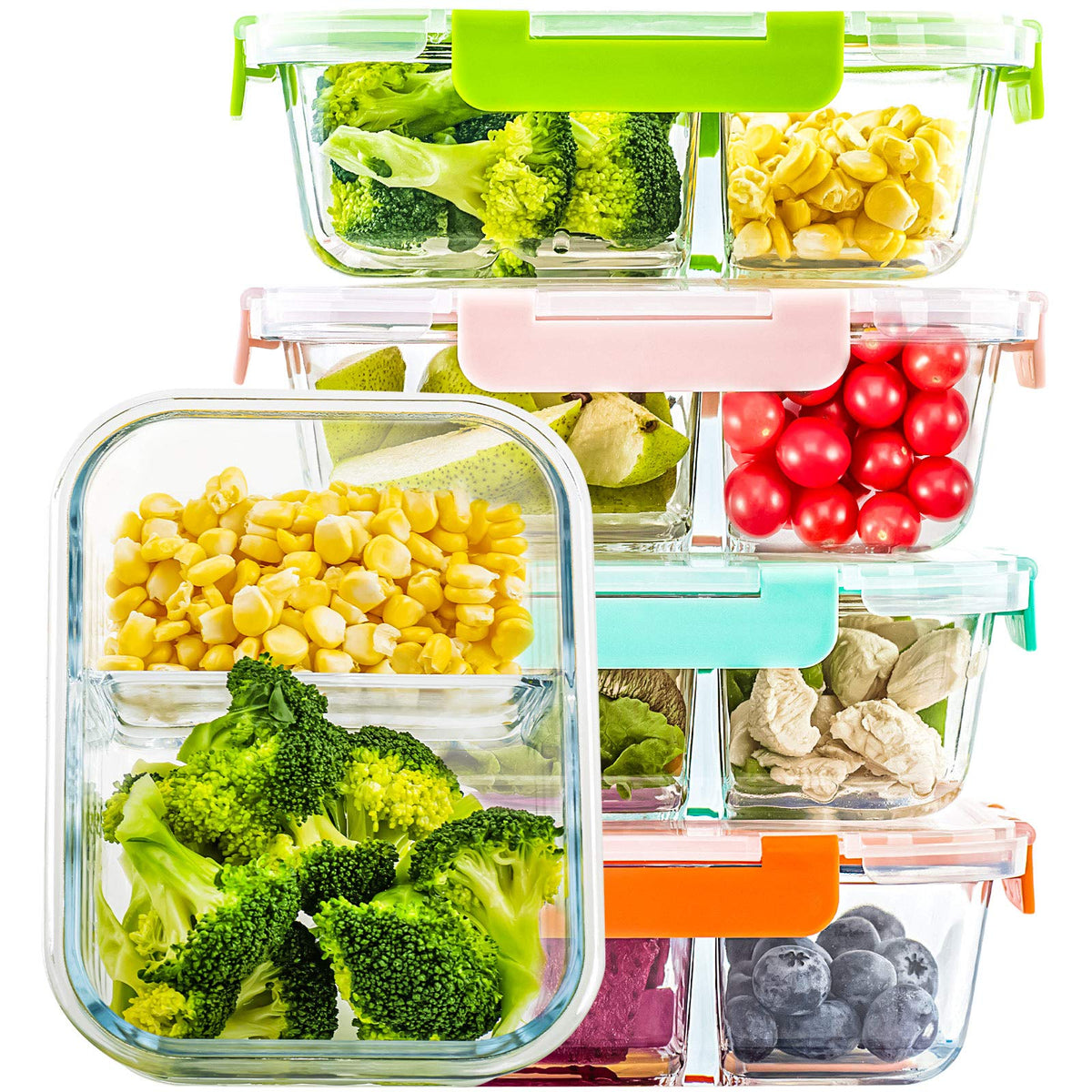 UMEIED Glass Meal Prep Containers 2 Compartment with Lids (5 Pack, 36oz), Divided Glass Storage Containers for Lunch at Work, Leak-Proof Portion Control Food Containers, Microwave/Dishwasher Safe