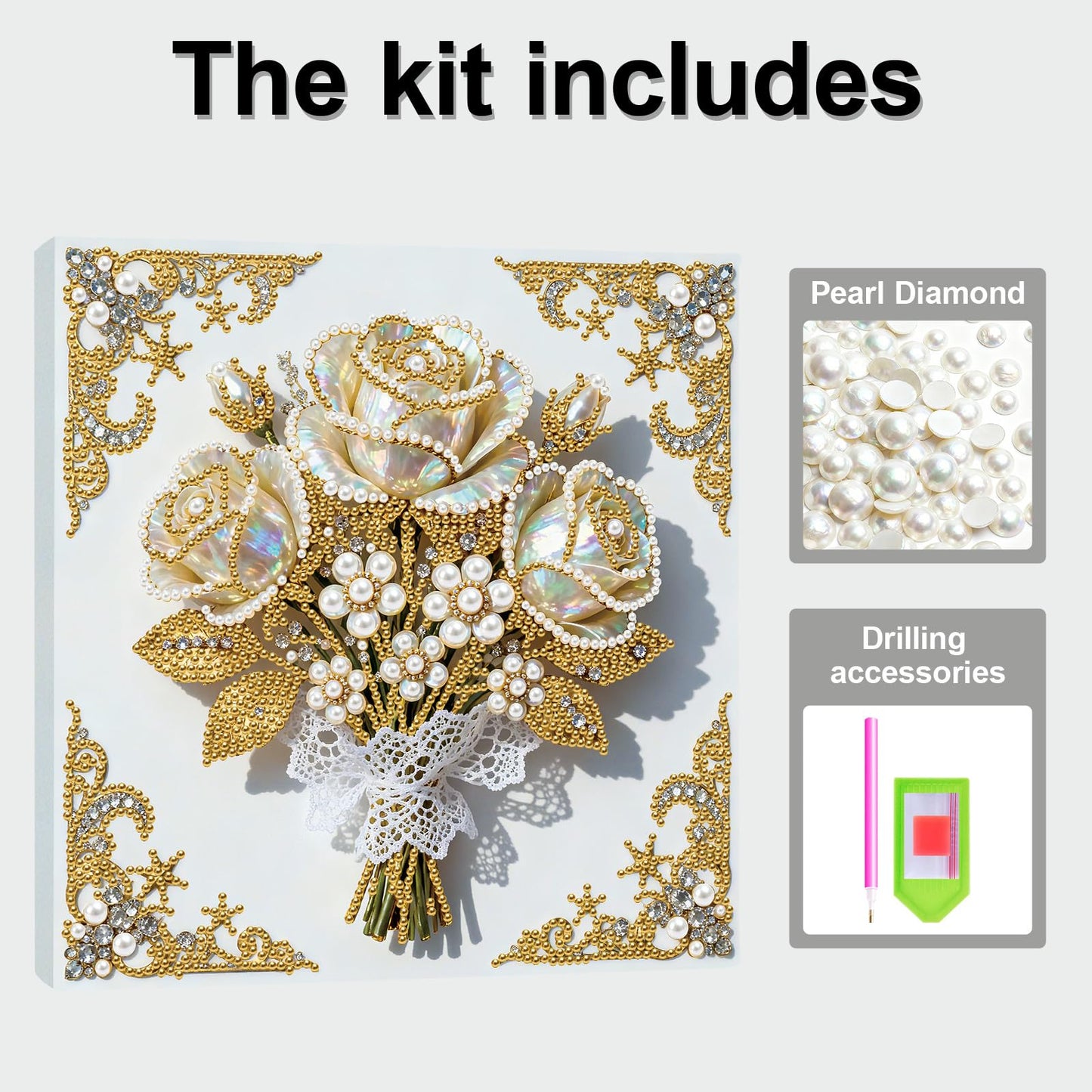 yzARTche Diamond Art Pearl Painting Kit, DIY Pearl Art Painting with White Frame, Handmade Gem Dot Picture Craft for Home Wall Decor Present Set-05-Rose