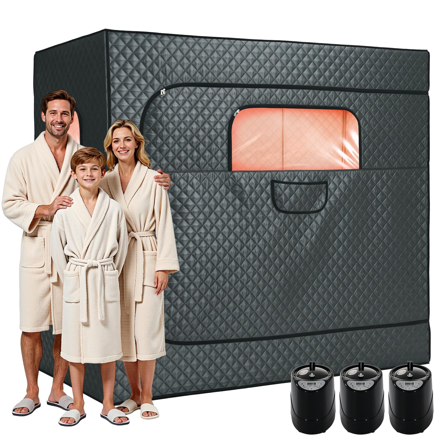 Albott 3 Person Steam Sauna for Home, Portable Sauna Tent with 3L 1500W Steamer, Extra Large Size 6.6’ x 3.3’ x 5.8’ Full Body Home Spa, Remote Control, Folding Chair, Grey