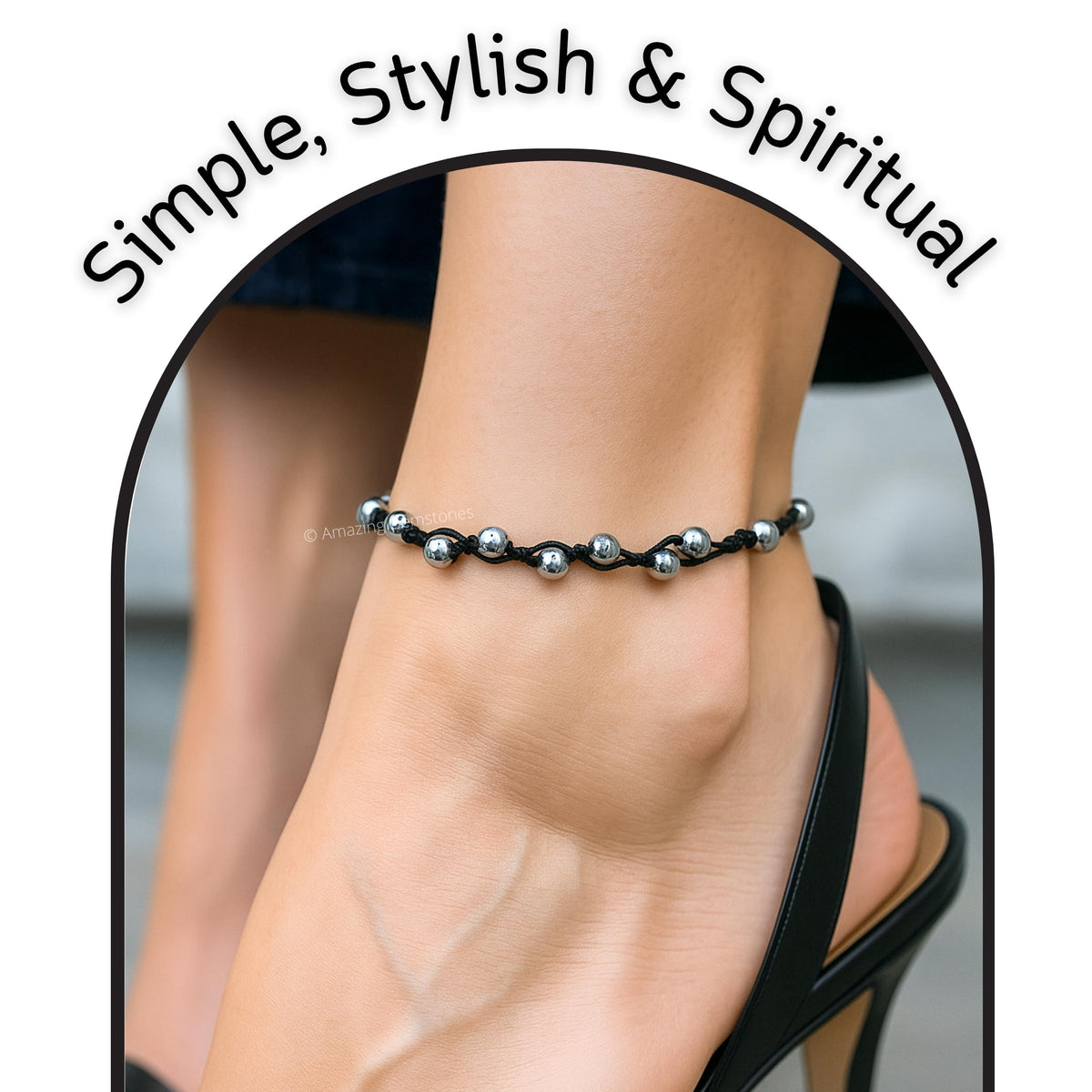 Amazing Gemstone Silver Hematite Anklet Ankle Bracelets for Women - Waterproof Beaded Healing Crystal Anklets, Plus Size Chakra Gemstone Bead Anklet (Stretchy Adjustable - Hand Knotted)