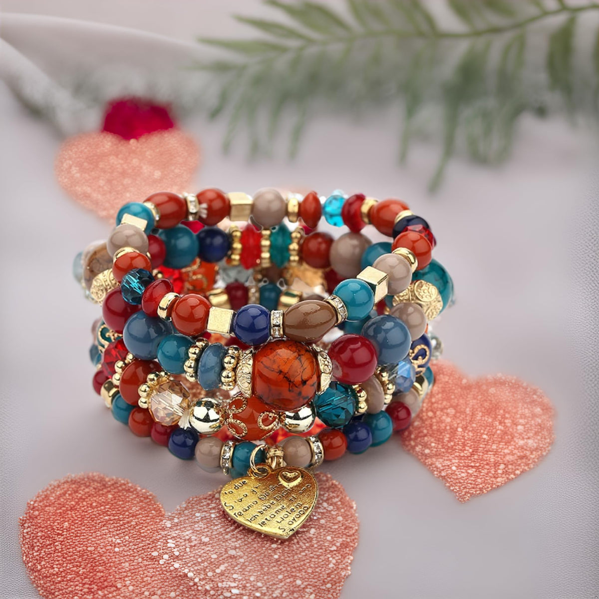 Jewellify Women Beaded Bracelet Set - Colorful Boho Stackable Design with Crystal Accents Bangle stretch Bracelet - Trendy Fashion Bracelets Jewelry for Women (Red)