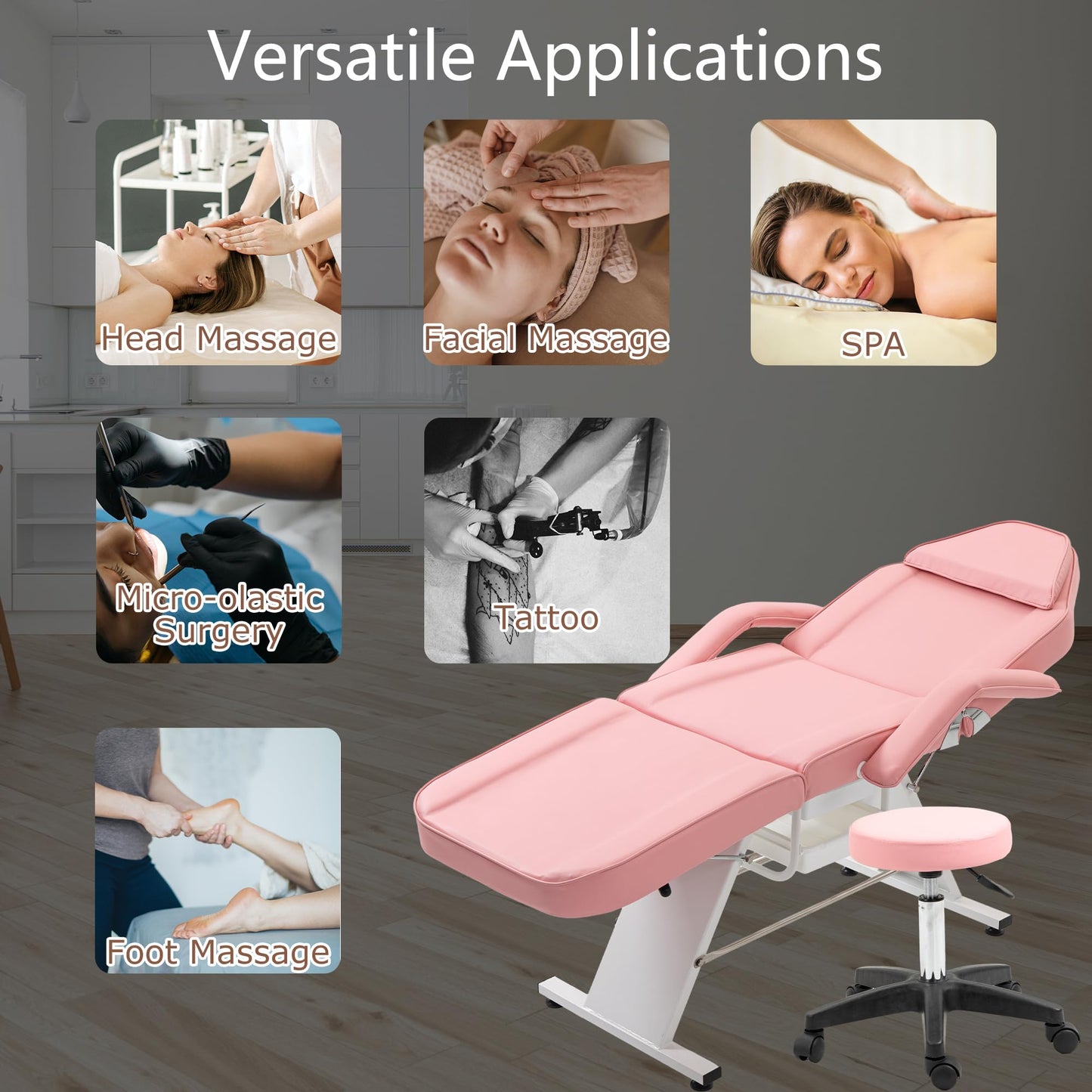 KEIKI Massage Salon Tattoo Chair Esthetician Bed with 2 Tray, Hydraulic Stool, Wide Leg Multi-Purpose 3-Section Facial Bed Table with Adjustable Barber Spa Beauty Equipment, Easy Assembly, Pink