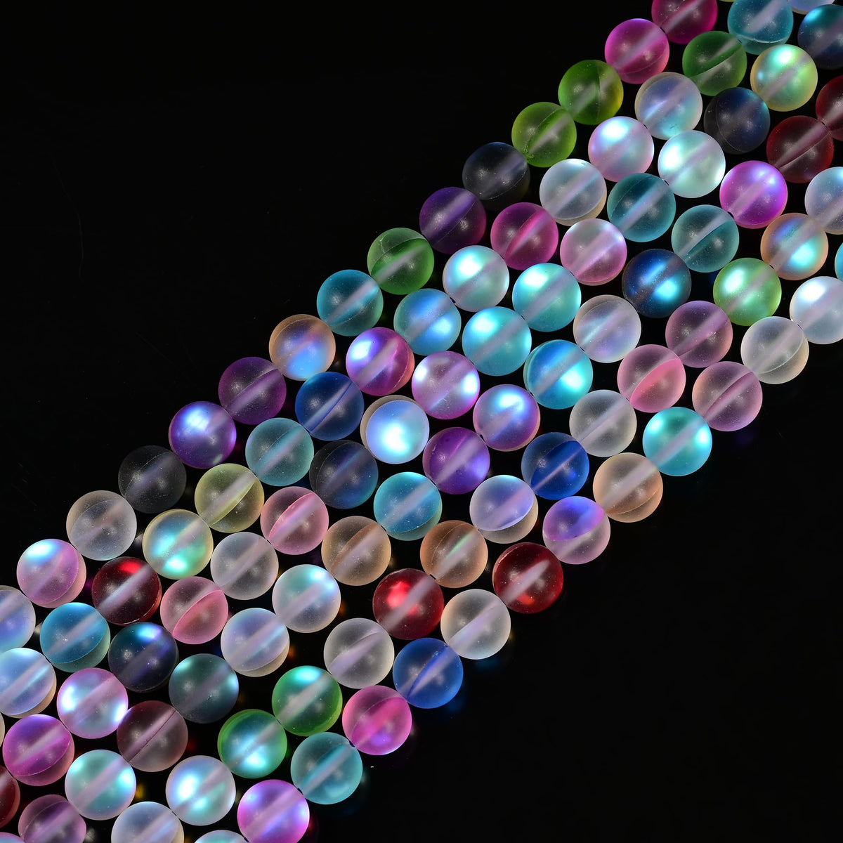 10mm Matte Mixed Color Mermaid Aurora Crystal Glass Bead, Glitter Round Synthetic Moonstone Beads for Jewelry Making Bracelets